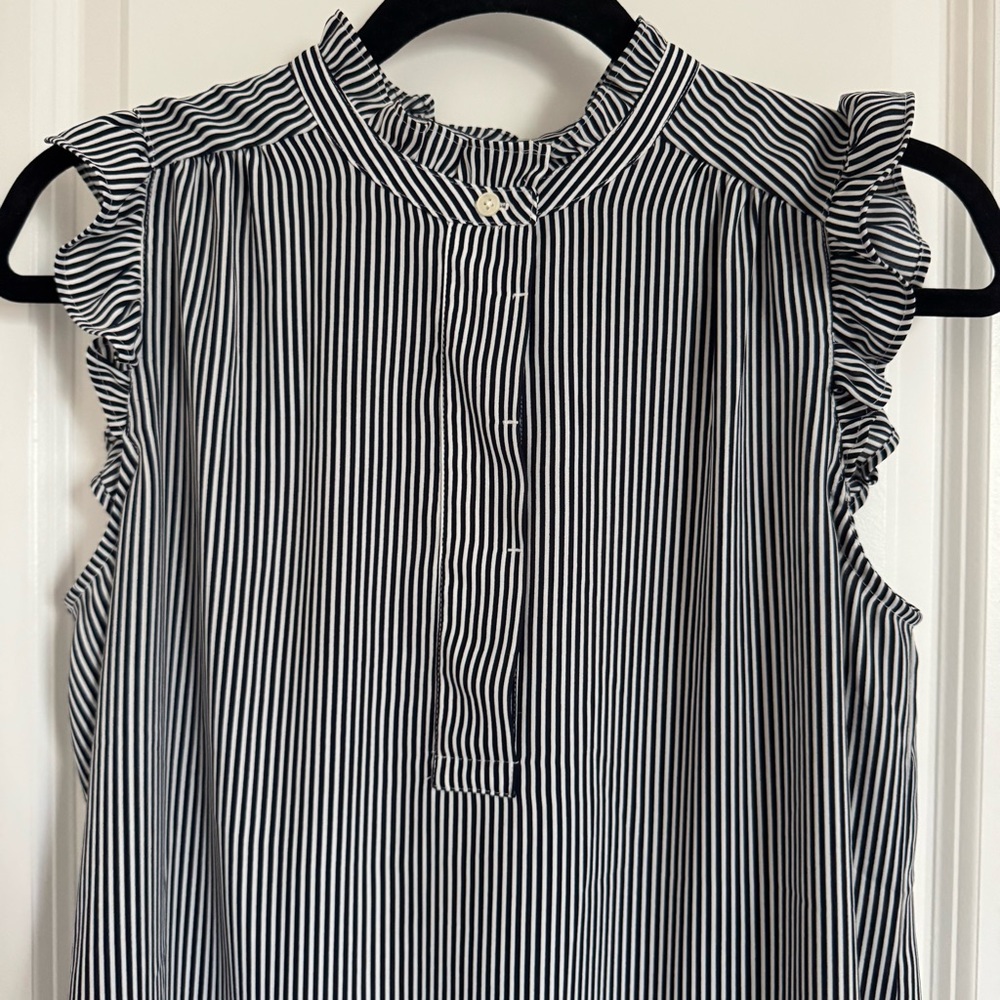 LOFT Ruffled Black and White Striped Sleeveless Blouse, SP - Picture 3 of 10